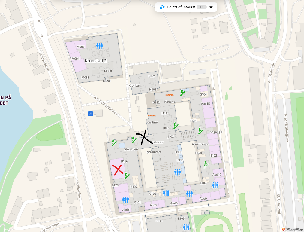 NB: Grunnet stor pågang for fysisk deltakelse er møterommet endret. Rød X: Møterommet. Sort X: Inngang. Kronstad 2 øverst på bildet var det opprinnelige møterommet, som nå er flyttet.